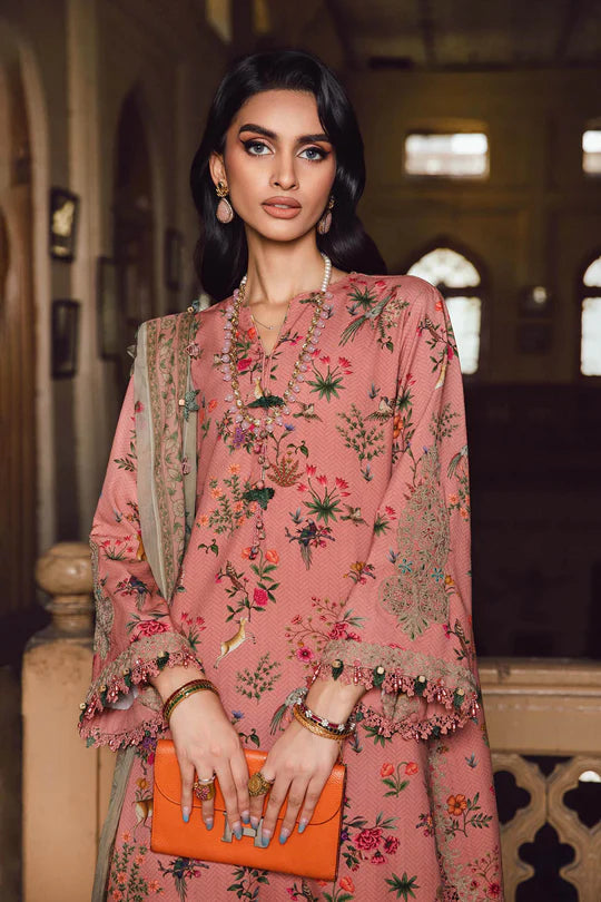 MPT-2707-A – Maria B M.Prints Peach Linen Stitched Suit with chiffon dupatta – shop online Pakistanimoda