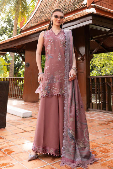 Maria B M-Prints MPT-2801-A tea pink embroidered linen stitched suit with wool shawl, available for USA Canada UK UAE shipping at Pakistanimoda