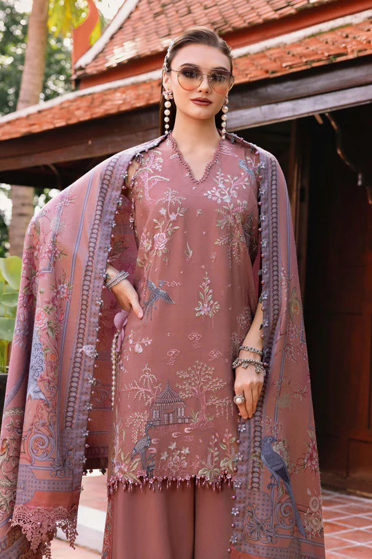 Maria B M-Prints MPT-2801-A tea pink embroidered linen stitched suit with wool shawl, available for USA Canada UK UAE shipping at Pakistanimoda