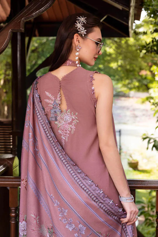 Maria B M-Prints MPT-2801-A tea pink embroidered linen stitched suit with wool shawl, available for USA Canada UK UAE shipping at Pakistanimoda