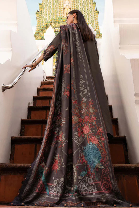 Maria B M-Prints MPT-2801-B grey embroidered linen stitched suit with wool shawl, available for reliable worldwide shipping at Pakistanimoda.