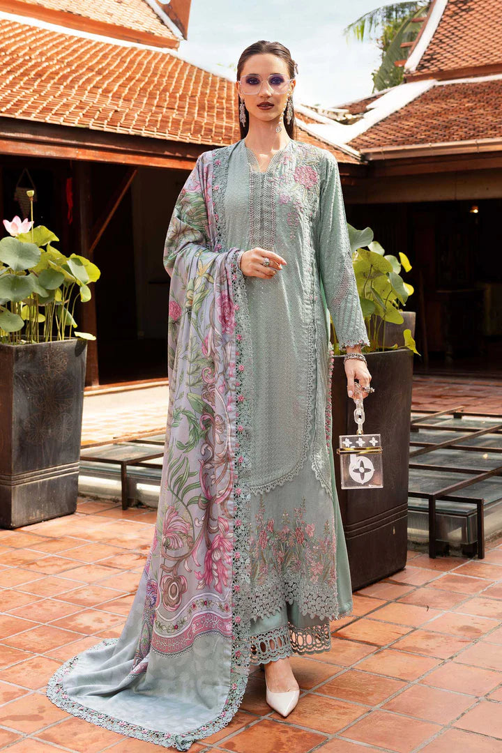 Maria B M-Prints MPT-2802-A sea green embroidered twill linen stitched suit with wool shawl, available worldwide at Pakistanimoda.