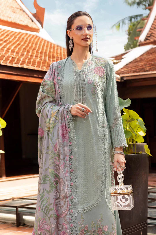 Maria B M-Prints MPT-2802-A sea green embroidered twill linen stitched suit with wool shawl, available worldwide at Pakistanimoda.