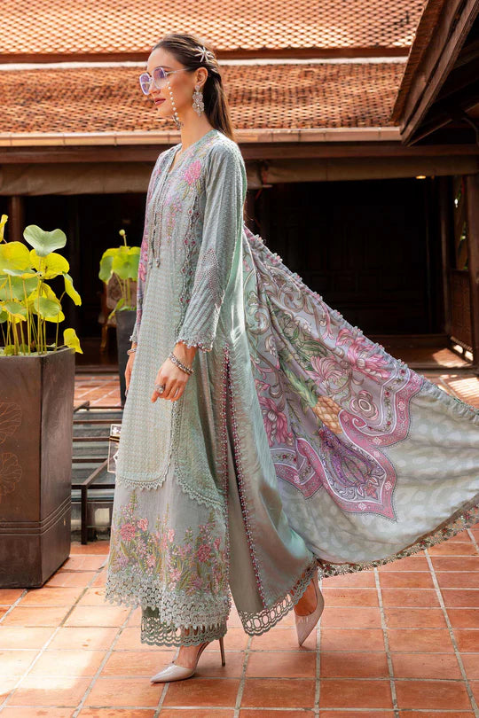 Maria B M-Prints MPT-2802-A sea green embroidered twill linen stitched suit with wool shawl, available worldwide at Pakistanimoda.