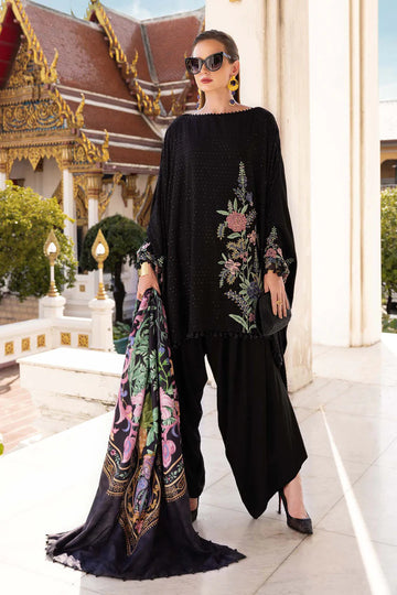 Maria B M-Prints MPT-2802-B black embroidered twill linen stitched suit with wool shawl, available worldwide at Pakistanimoda.