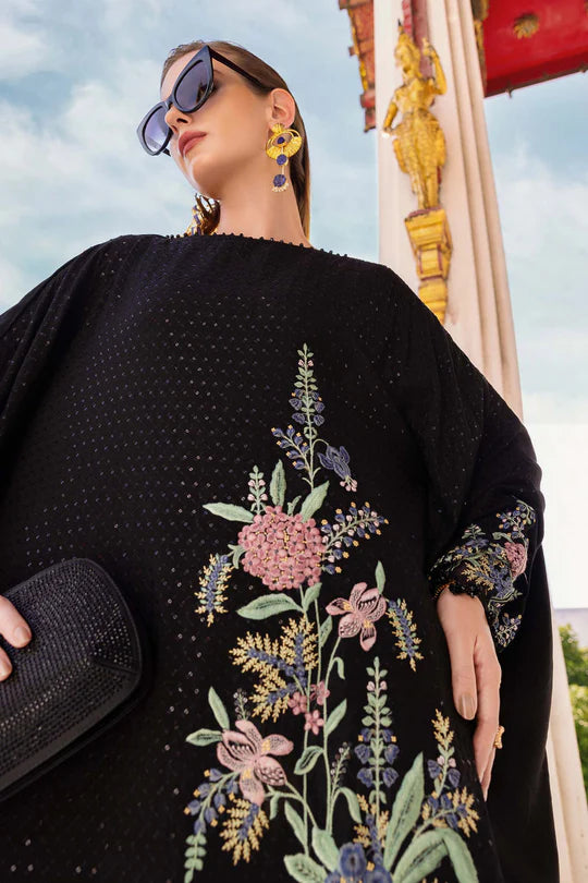 Maria B M-Prints MPT-2802-B black embroidered twill linen stitched suit with wool shawl, available worldwide at Pakistanimoda.