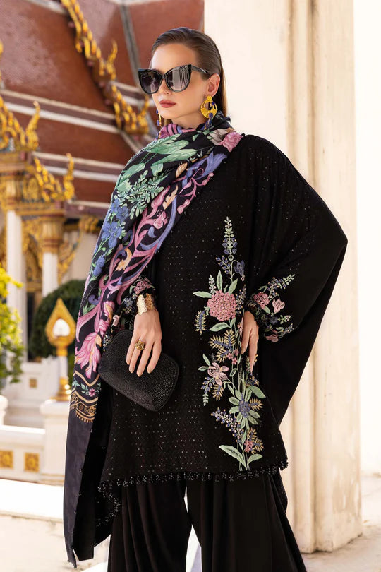 Maria B M-Prints MPT-2802-B black embroidered twill linen stitched suit with wool shawl, available worldwide at Pakistanimoda.