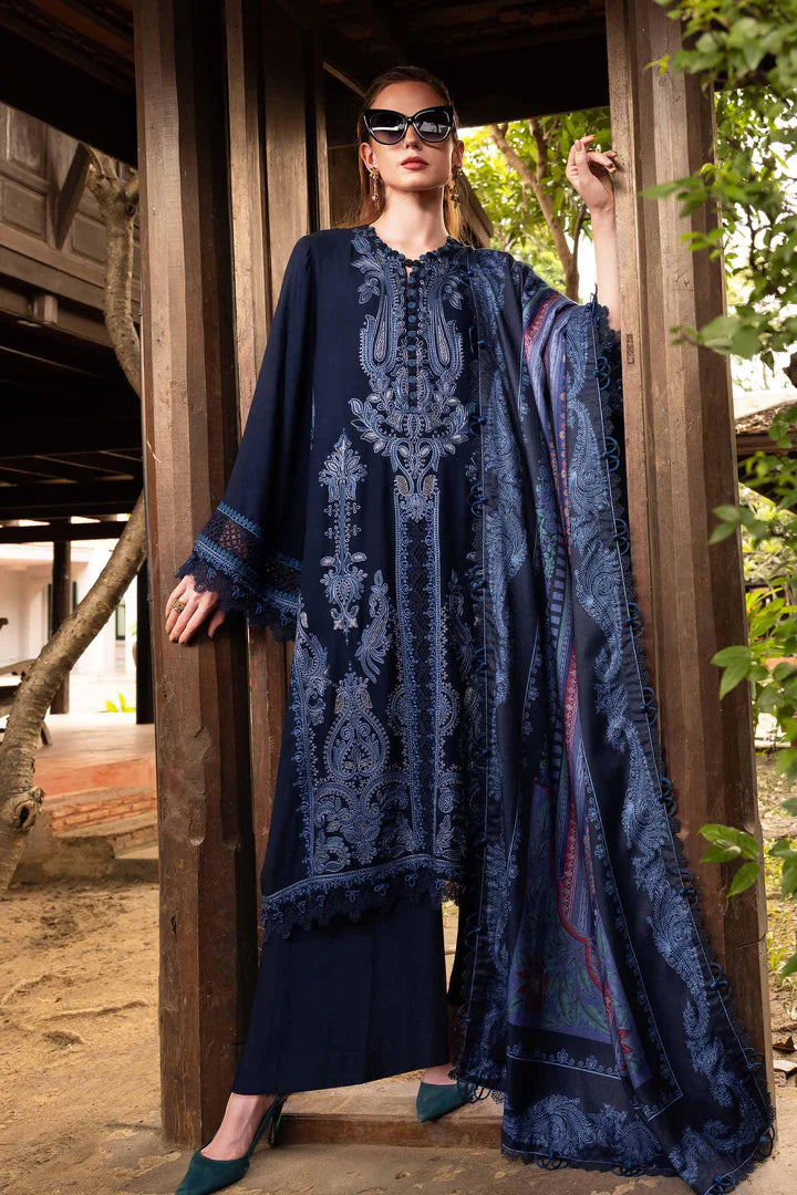 Maria B M-Prints MPT-2803-B blue embroidered twill linen stitched suit with wool shawl, available for USA UK Canada UAE shipping at Pakistanimoda.