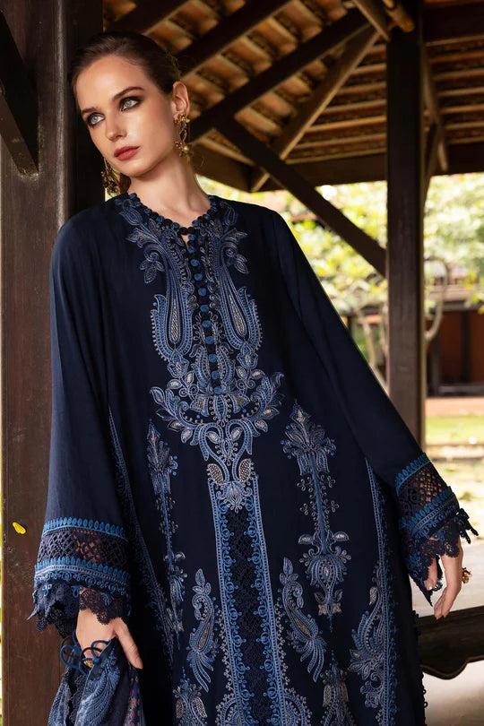 Maria B M-Prints MPT-2803-B blue embroidered twill linen stitched suit with wool shawl, available for USA UK Canada UAE shipping at Pakistanimoda.