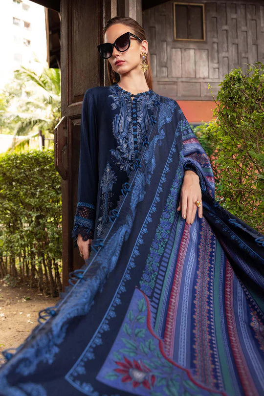 Maria B M-Prints MPT-2803-B blue embroidered twill linen stitched suit with wool shawl, available for USA UK Canada UAE shipping at Pakistanimoda.