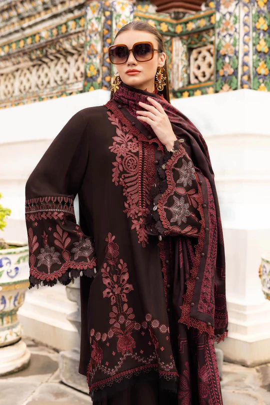Maria B M-Prints MPT-2804-A brown embroidered twill linen stitched suit with wool shawl, available for USA Canada UK shipping at Pakistanimoda.