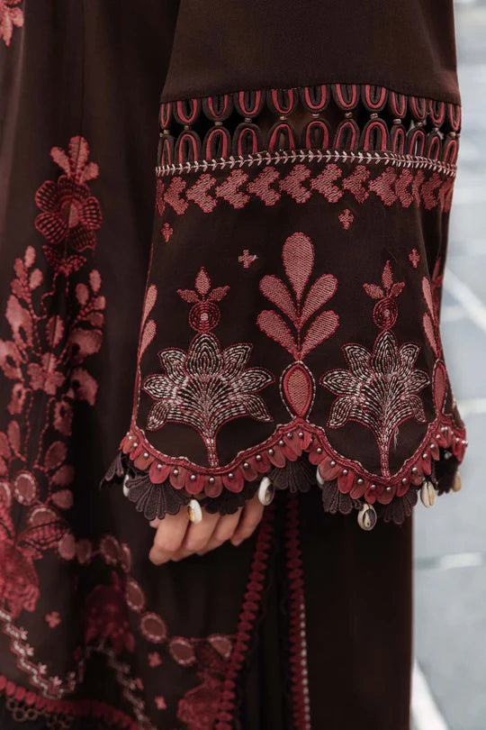 Maria B M-Prints MPT-2804-A brown embroidered twill linen stitched suit with wool shawl, available for USA Canada UK shipping at Pakistanimoda.
