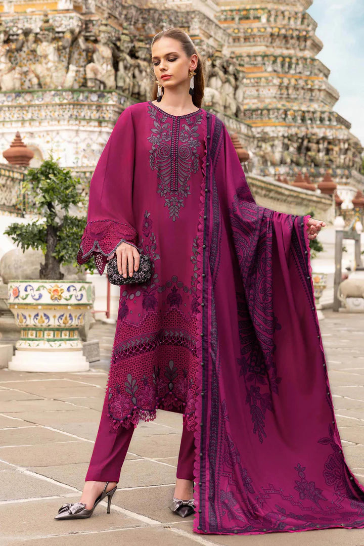 Maria B M-Prints MPT-2804-B pink embroidered twill linen stitched suit with wool shawl, available worldwide at Pakistanimoda.