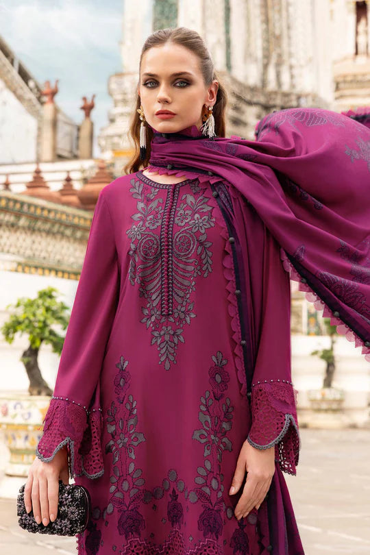 Maria B M-Prints MPT-2804-B pink embroidered twill linen stitched suit with wool shawl, available worldwide at Pakistanimoda.