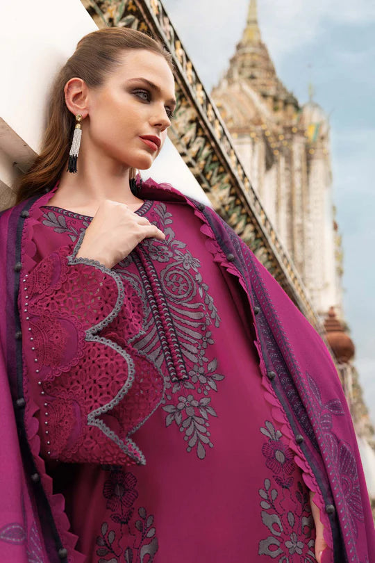 Maria B M-Prints MPT-2804-B pink embroidered twill linen stitched suit with wool shawl, available worldwide at Pakistanimoda.