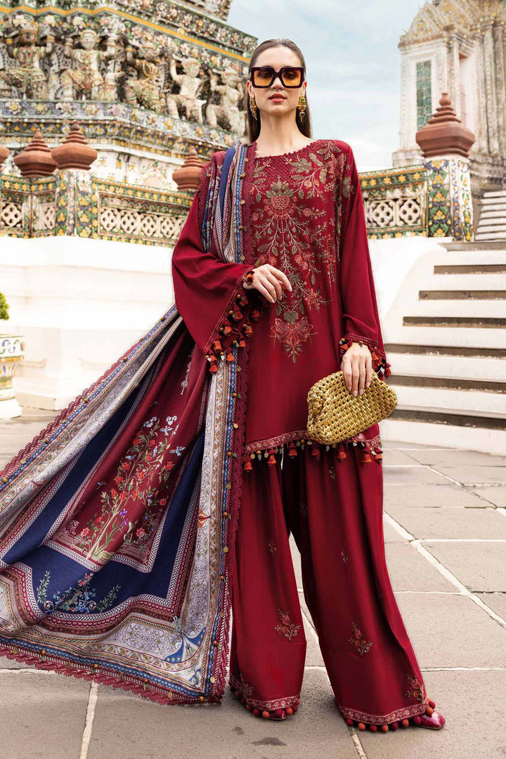 Maria B M-Prints MPT-2805-A maroon embroidered twill linen stitched suit with wool shawl, available worldwide at Pakistanimoda.