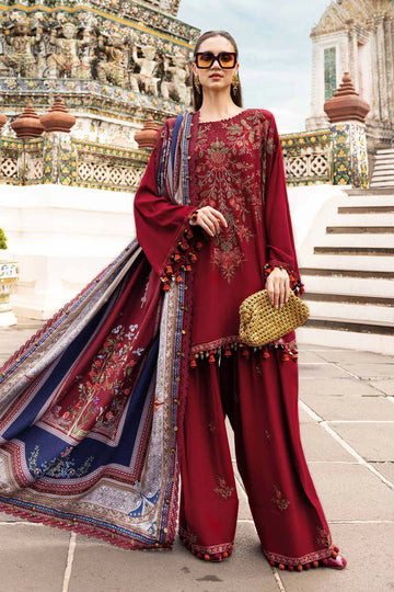 Maria B M-Prints MPT-2805-A maroon embroidered twill linen stitched suit with wool shawl, available worldwide at Pakistanimoda.