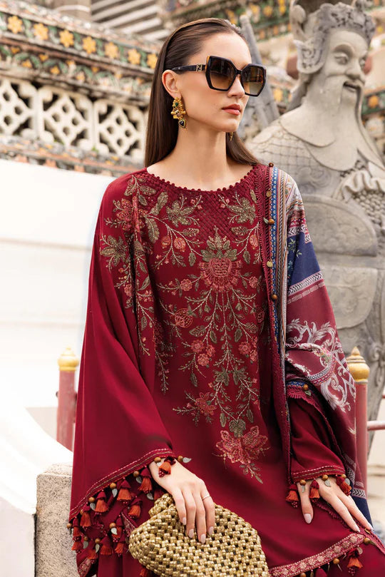 Maria B M-Prints MPT-2805-A maroon embroidered twill linen stitched suit with wool shawl, available worldwide at Pakistanimoda.