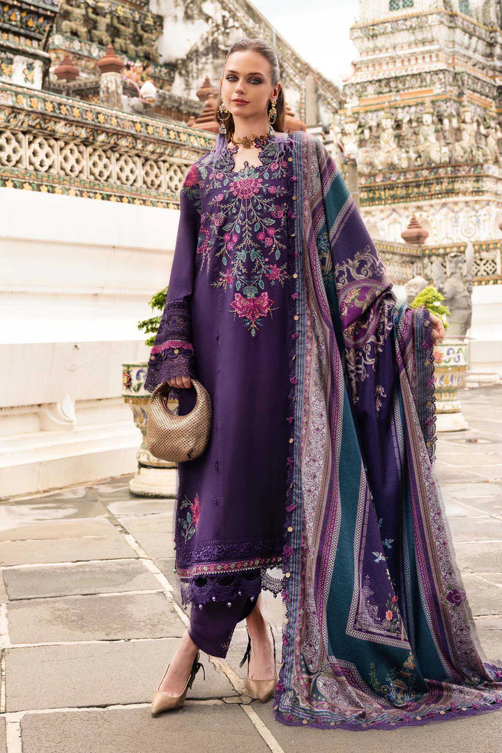 Maria B M-Prints MPT-2805-B purple embroidered twill linen stitched suit with printed wool shawl, available worldwide at Pakistanimoda.