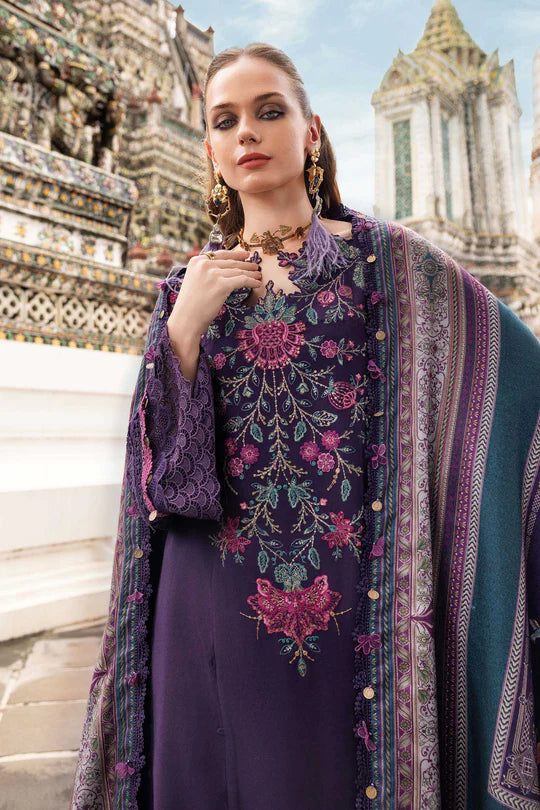 Maria B M-Prints MPT-2805-B purple embroidered twill linen stitched suit with printed wool shawl, available worldwide at Pakistanimoda.