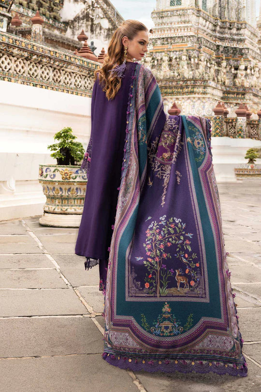 Maria B M-Prints MPT-2805-B purple embroidered twill linen stitched suit with printed wool shawl, available worldwide at Pakistanimoda.