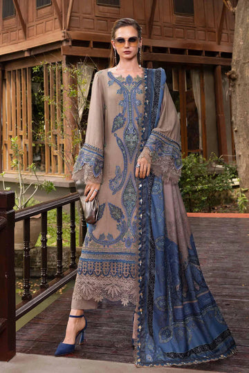 Maria B M-Prints MPT-2806-A coffee embroidered twill linen stitched winter suit with wool shawl, available worldwide at Pakistanimoda.
