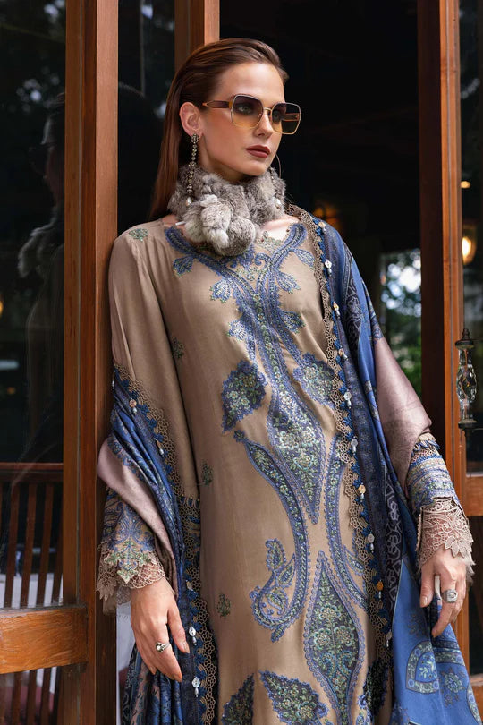Maria B M-Prints MPT-2806-A coffee embroidered twill linen stitched winter suit with wool shawl, available worldwide at Pakistanimoda.
