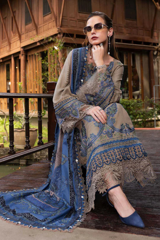 Maria B M-Prints MPT-2806-A coffee embroidered twill linen stitched winter suit with wool shawl, available worldwide at Pakistanimoda.