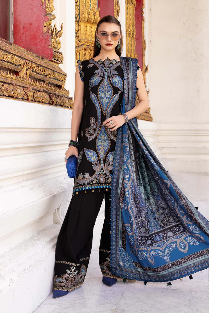 Maria B M-Prints MPT-2806-B black embroidered twill linen stitched winter suit with wool shawl, available worldwide at Pakistanimoda.