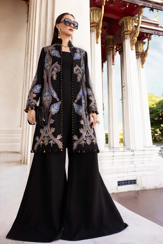 Maria B M-Prints MPT-2806-B black embroidered twill linen stitched winter suit with wool shawl, available worldwide at Pakistanimoda.