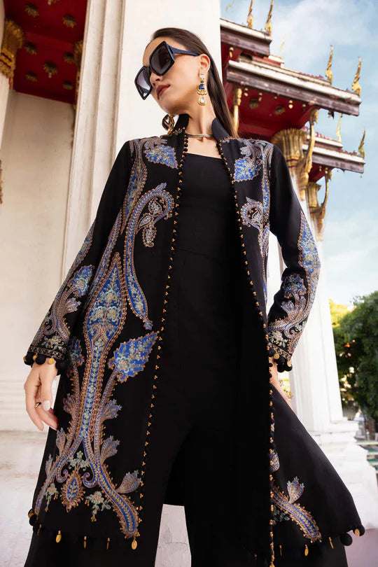 Maria B M-Prints MPT-2806-B black embroidered twill linen stitched winter suit with wool shawl, available worldwide at Pakistanimoda.