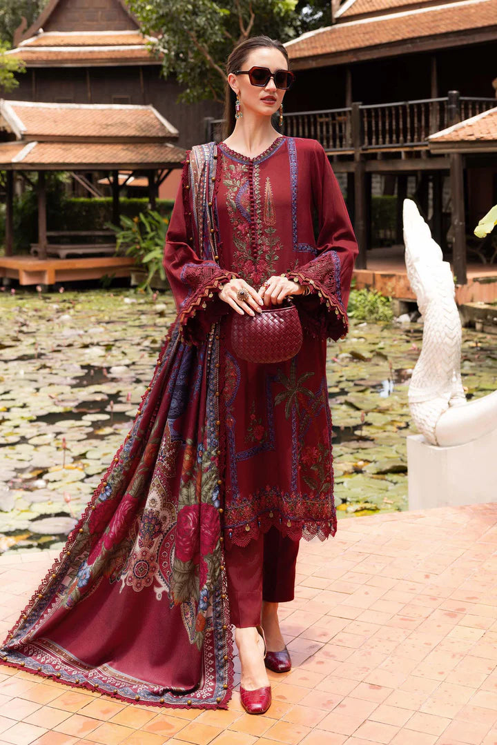 Maria B M-Prints MPT-2807-A maroon embroidered twill linen stitched suit with wool shawl, available for USA UK Canada UAE shipping from Pakistanimoda.