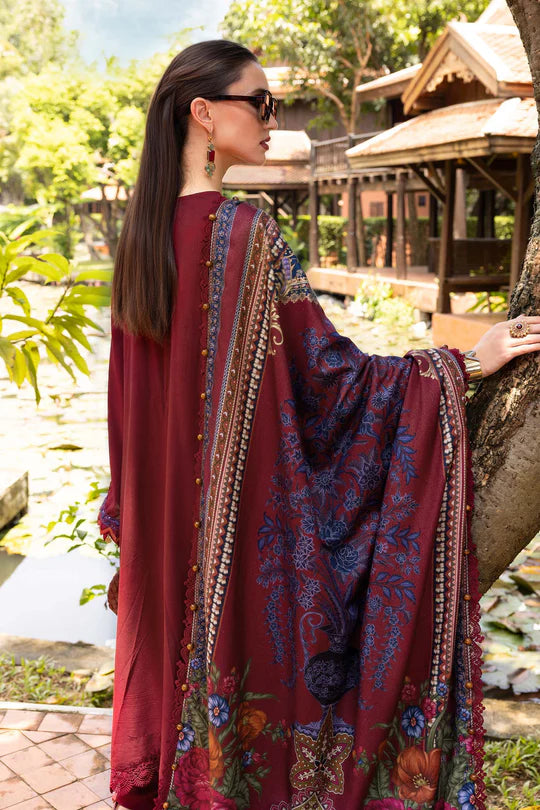 Maria B M-Prints MPT-2807-A maroon embroidered twill linen stitched suit with wool shawl, available for USA UK Canada UAE shipping from Pakistanimoda.