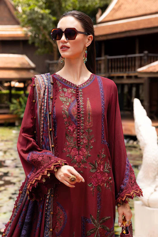 Maria B M-Prints MPT-2807-A maroon embroidered twill linen stitched suit with wool shawl, available for USA UK Canada UAE shipping from Pakistanimoda.
