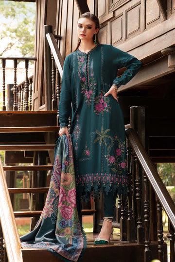 Maria B M-Prints MPT-2807-B teal embroidered twill linen stitched suit with wool shawl, available worldwide at Pakistanimoda.