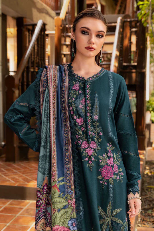 Maria B M-Prints MPT-2807-B teal embroidered twill linen stitched suit with wool shawl, available worldwide at Pakistanimoda.