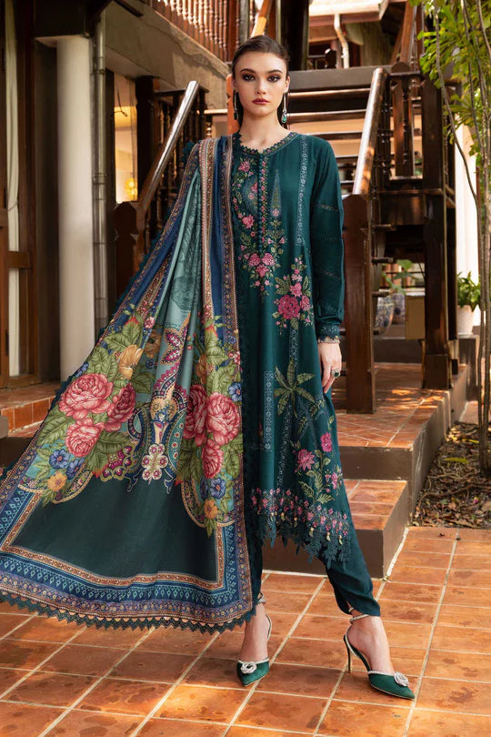 Maria B M-Prints MPT-2807-B teal embroidered twill linen stitched suit with wool shawl, available worldwide at Pakistanimoda.