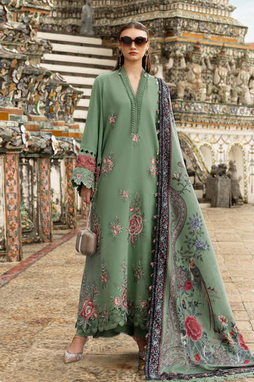 Maria B M-Prints MPT-2808-A pistachio green embroidered twill linen stitched suit with wool shawl, available worldwide at Pakistanimoda.