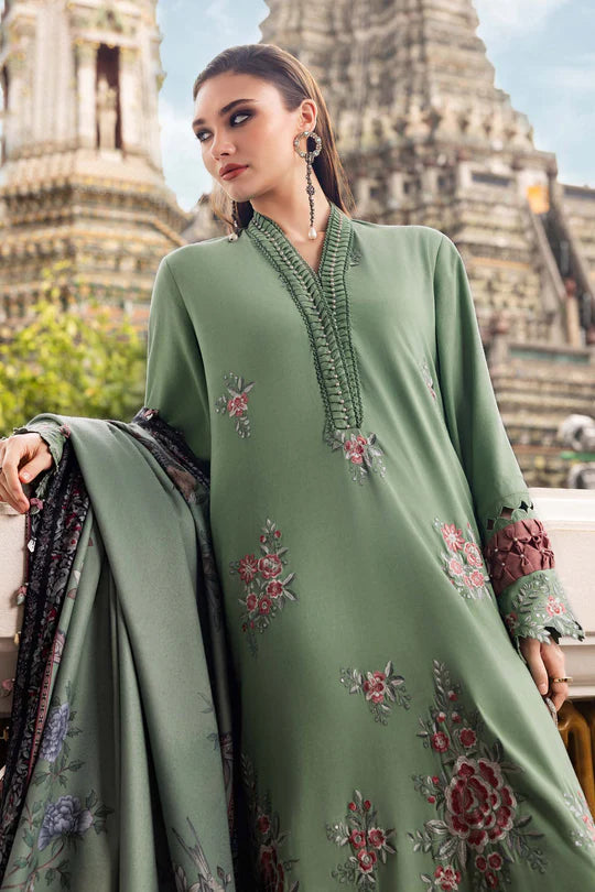 Maria B M-Prints MPT-2808-A pistachio green embroidered twill linen stitched suit with wool shawl, available worldwide at Pakistanimoda.