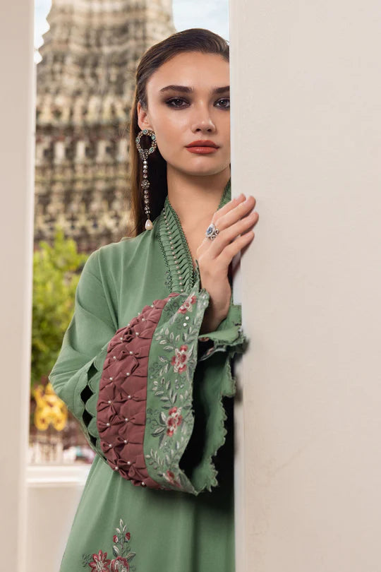 Maria B M-Prints MPT-2808-A pistachio green embroidered twill linen stitched suit with wool shawl, available worldwide at Pakistanimoda.