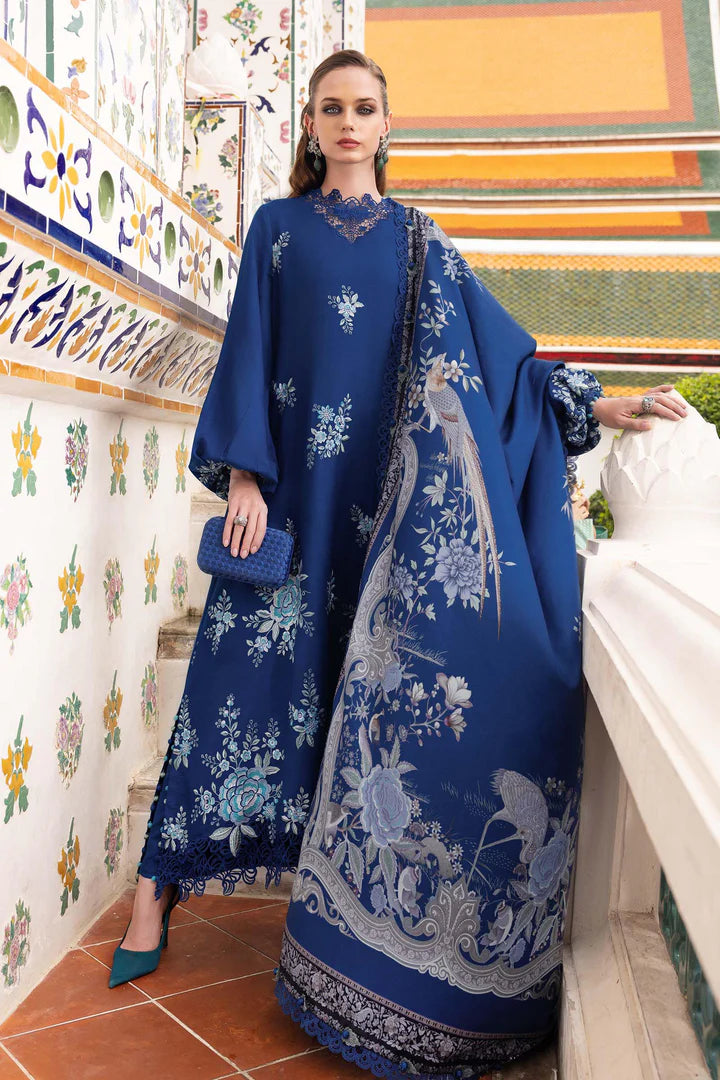 Maria B M-Prints MPT-2808-B electric blue embroidered twill linen stitched suit with wool shawl, available worldwide at Pakistanimoda.