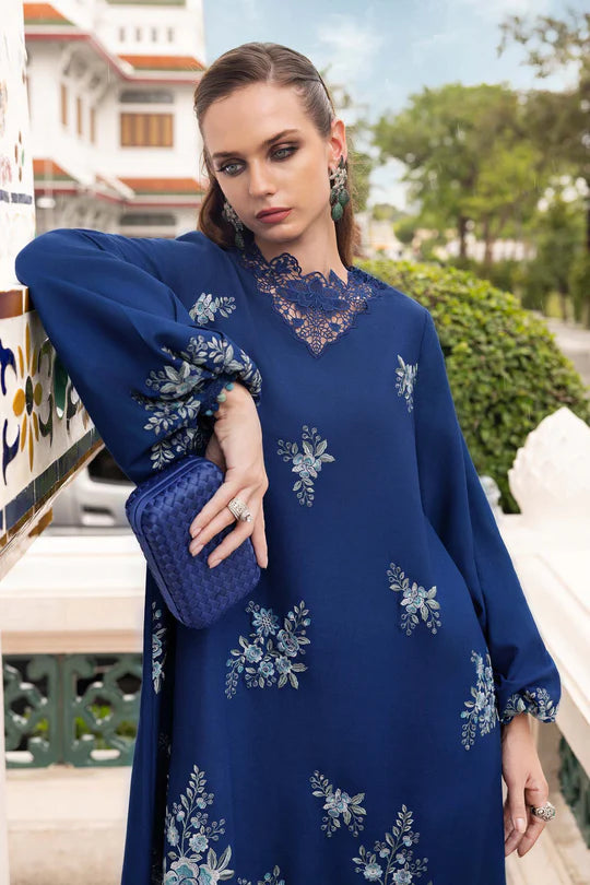Maria B M-Prints MPT-2808-B electric blue embroidered twill linen stitched suit with wool shawl, available worldwide at Pakistanimoda.