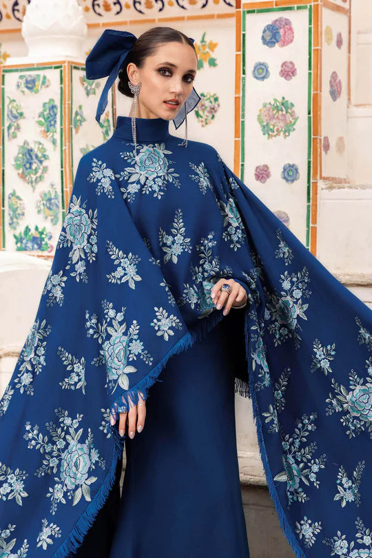 Maria B M-Prints MPT-2808-B electric blue embroidered twill linen stitched suit with wool shawl, available worldwide at Pakistanimoda.