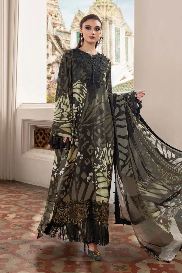 Maria B M-Prints MPT-2809-A olive printed linen stitched suit with chiffon dupatta, available worldwide at Pakistanimoda.