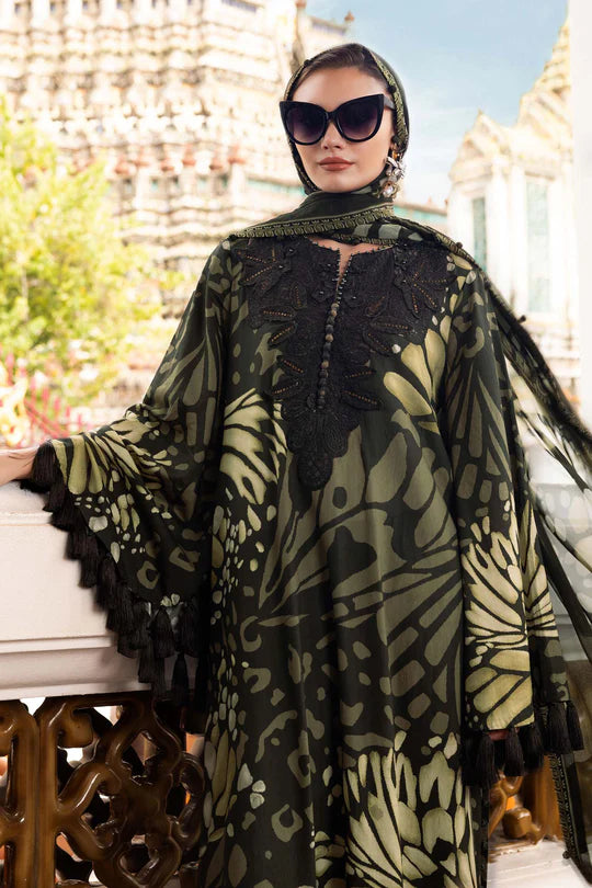 Maria B M-Prints MPT-2809-A olive printed linen stitched suit with chiffon dupatta, available worldwide at Pakistanimoda.