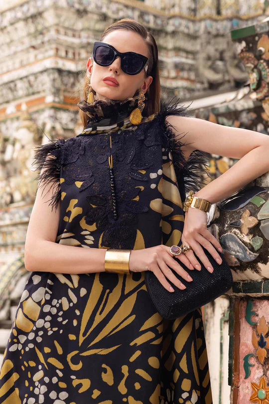 Maria B M-Prints MPT-2809-B black embroidered printed linen stitched suit with chiffon dupatta, available worldwide at Pakistanimoda.