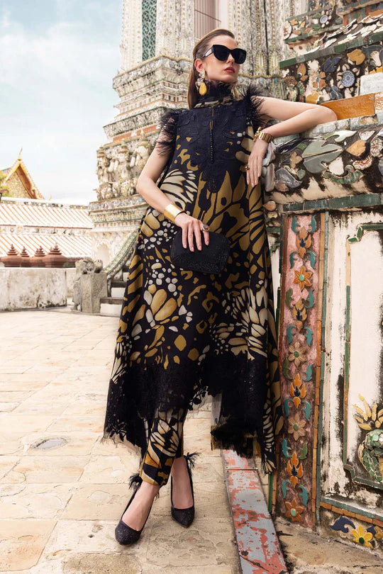 Maria B M-Prints MPT-2809-B black embroidered printed linen stitched suit with chiffon dupatta, available worldwide at Pakistanimoda.