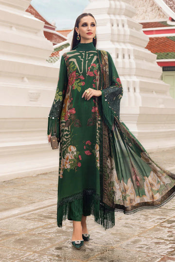 Maria B M-Prints MPT-2810-A green printed linen stitched suit with silk dupatta, available worldwide at Pakistanimoda.