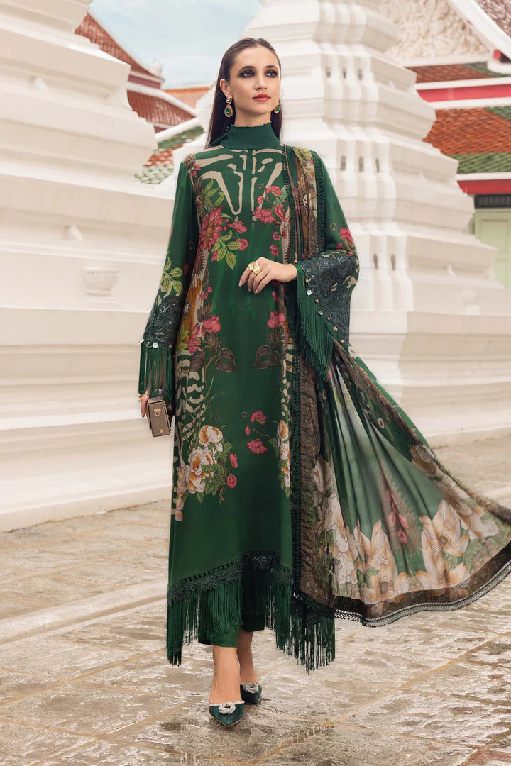 Maria B M-Prints MPT-2810-A green printed linen stitched suit with silk dupatta, available worldwide at Pakistanimoda.