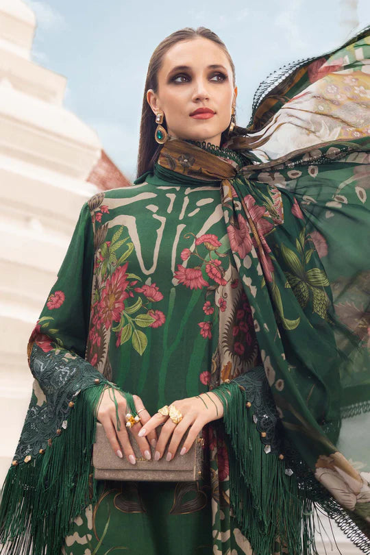 Maria B M-Prints MPT-2810-A green printed linen stitched suit with silk dupatta, available worldwide at Pakistanimoda.